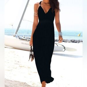 Lascana black sleeveless v neck smocked maxi dress